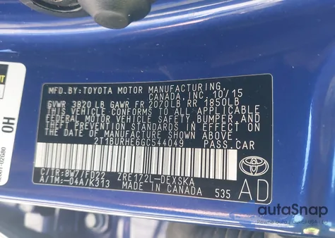 2016 Toyota Corolla S Plus из США, поврежденный, VIN 2T1BURHE6GC544049